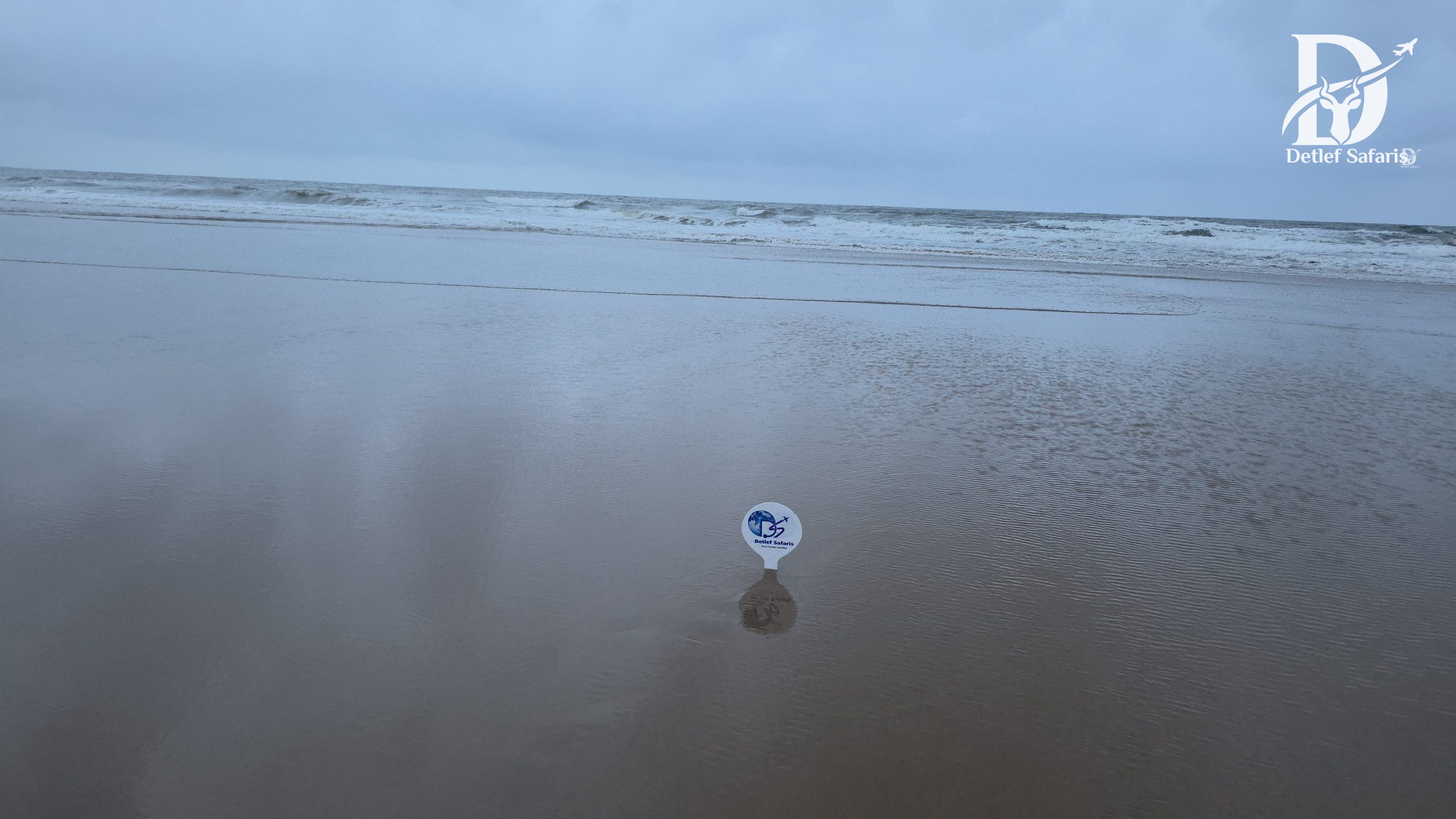 Detlef Safaris flag on the beach shoreline