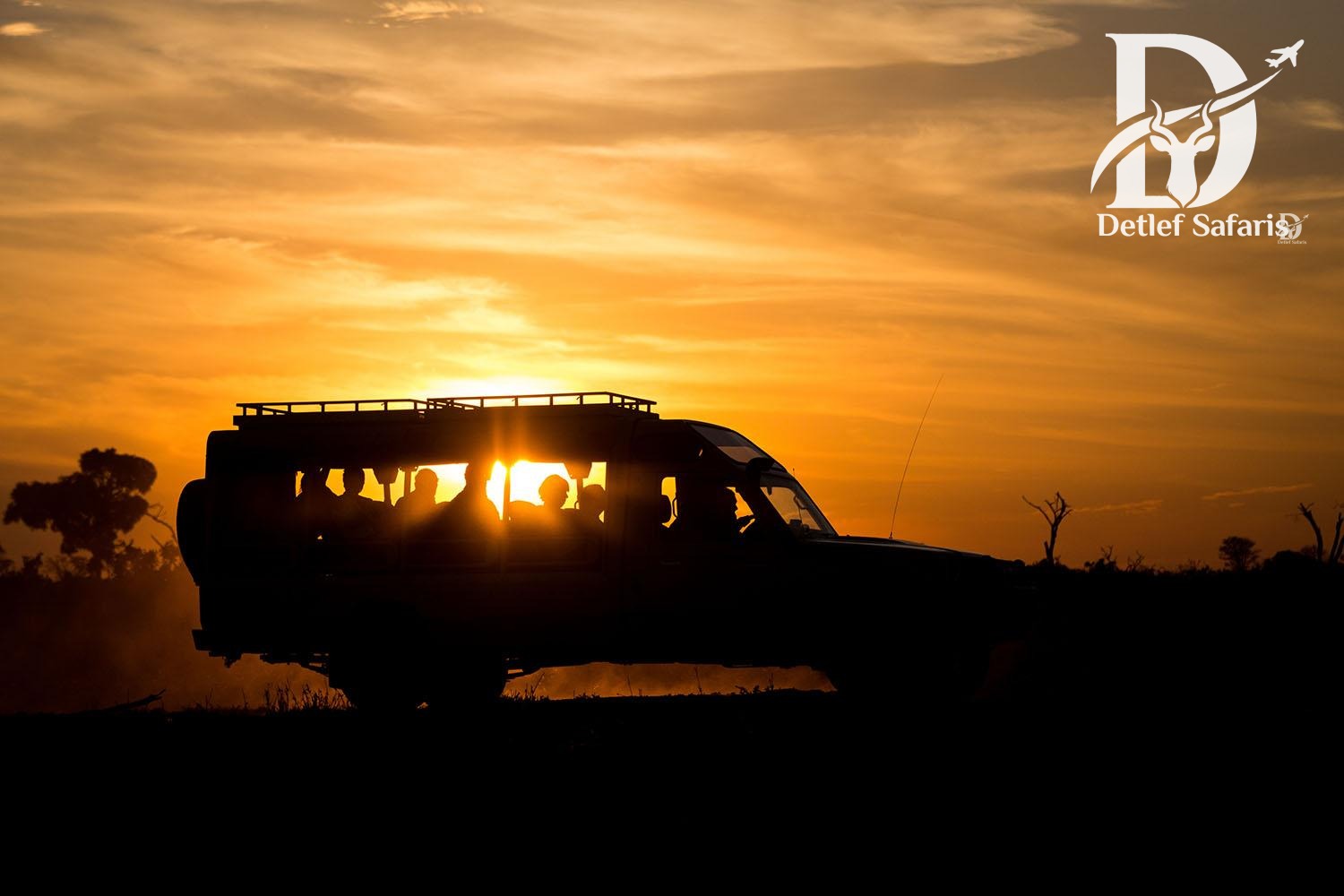 Safari vehicle silhouetted at sunset during a game drive