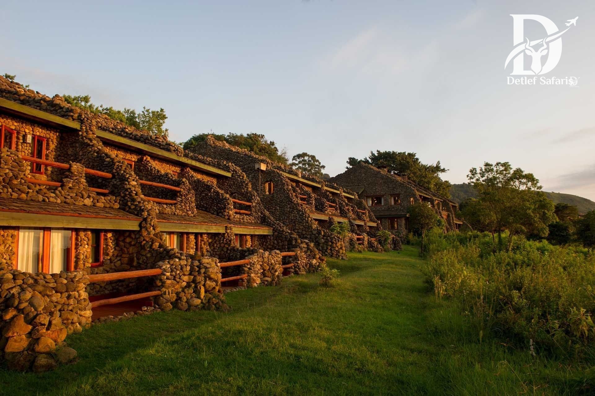 Ngorongoro Serena Safari Lodge built from river stone along the crater rim, Ngorongoro Crater, Tanzania