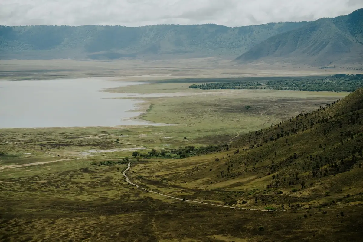 Aerial view of the Ngorongoro Crater floor and soda lake, Tanzania