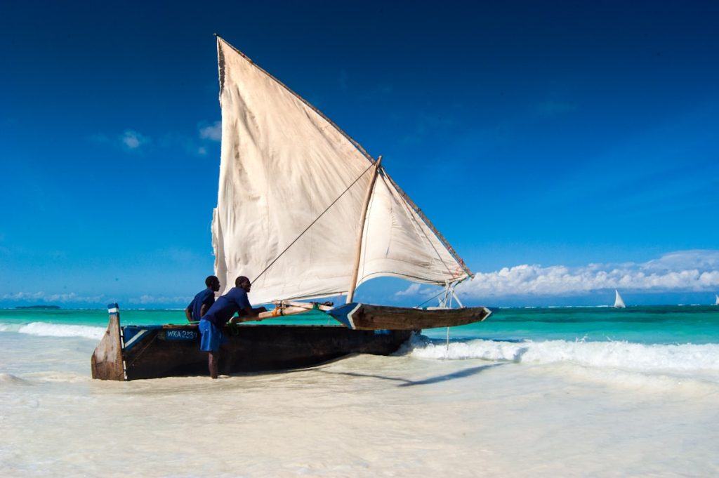 White sand beach and coral reef off Matemwe, Zanzibar, Tanzania